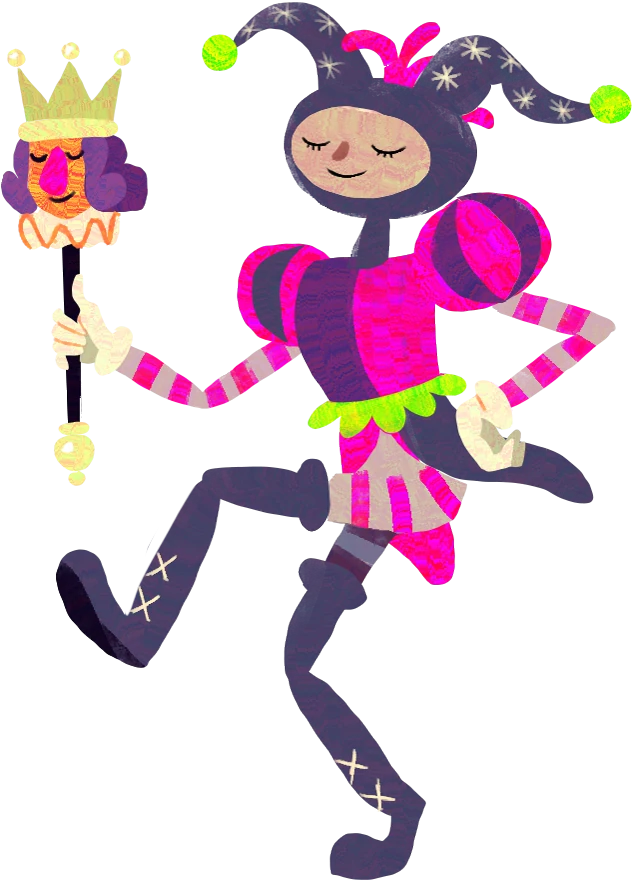 O Bobo da Corte redesenhado em 2026 — gorro bicudo com guizos, traje Heartstorm com gola Jester, segurando o cetro-marotte com cabeça de rei coroado