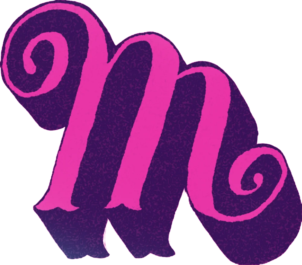 Letra m em script retrô rosa com sombra roxa