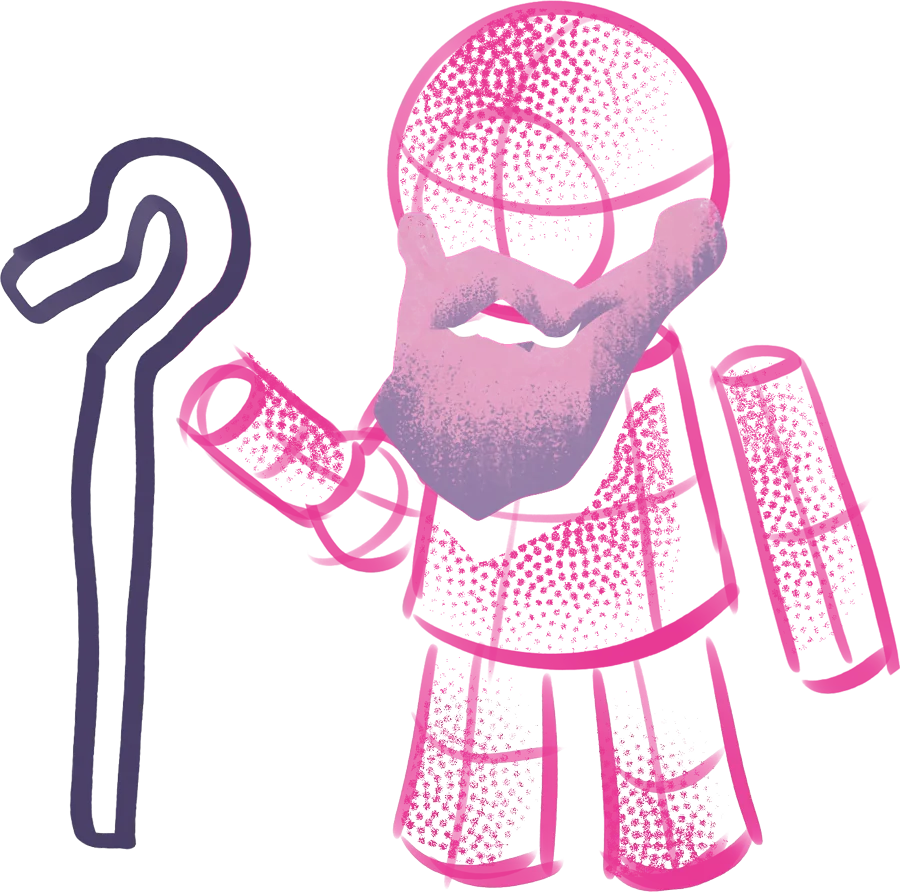 Personagem-blob rosa de barba granulada com cajado
